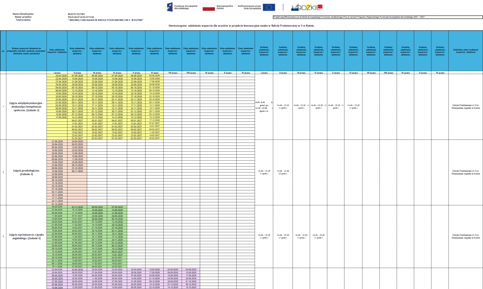 Harmonogram wparcia dla uczniów