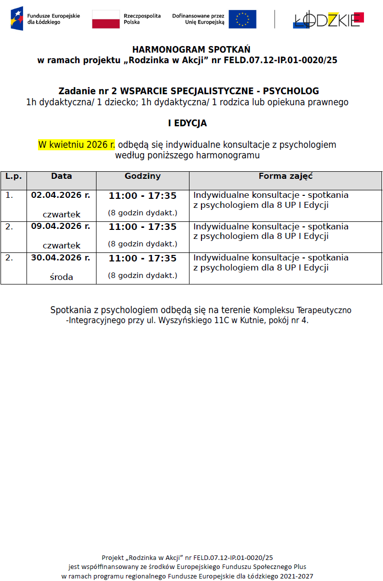 Psycholog I Harmonogram