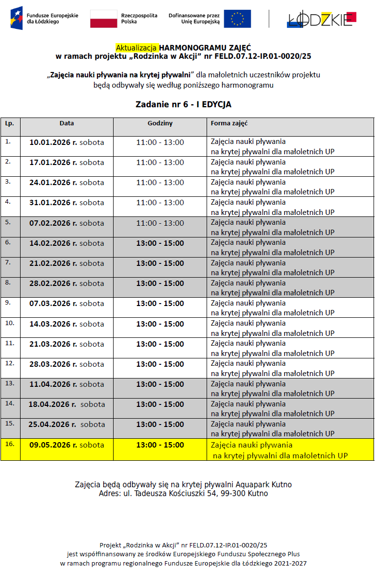 Rodzinka w akcji harmonogram basen