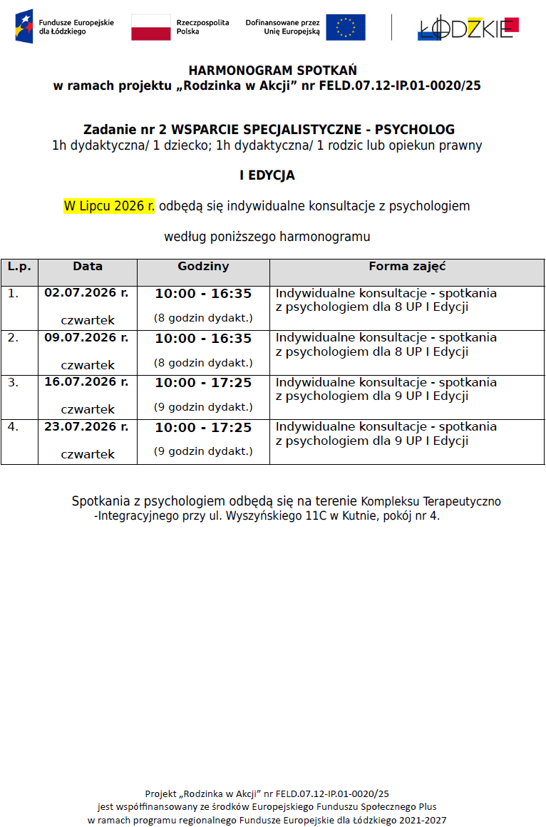 Aktualizacja harmonogramu psycholog