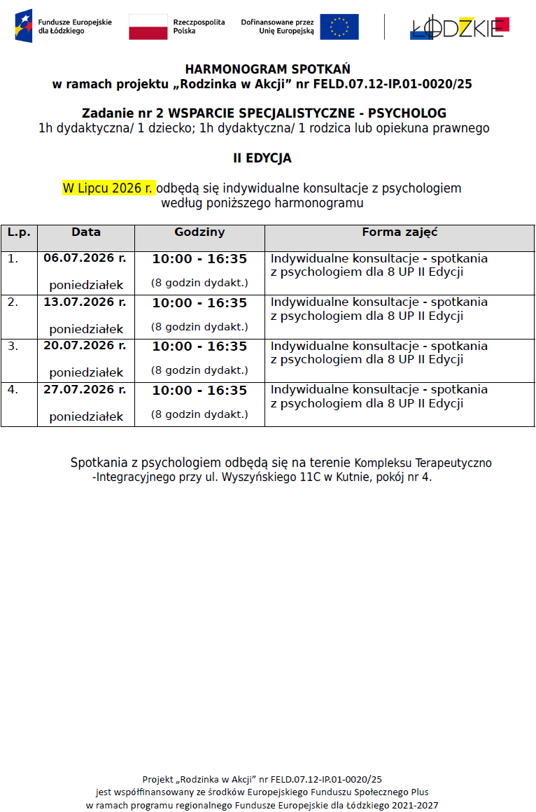 Aktualizacja harmonogramu psycholog