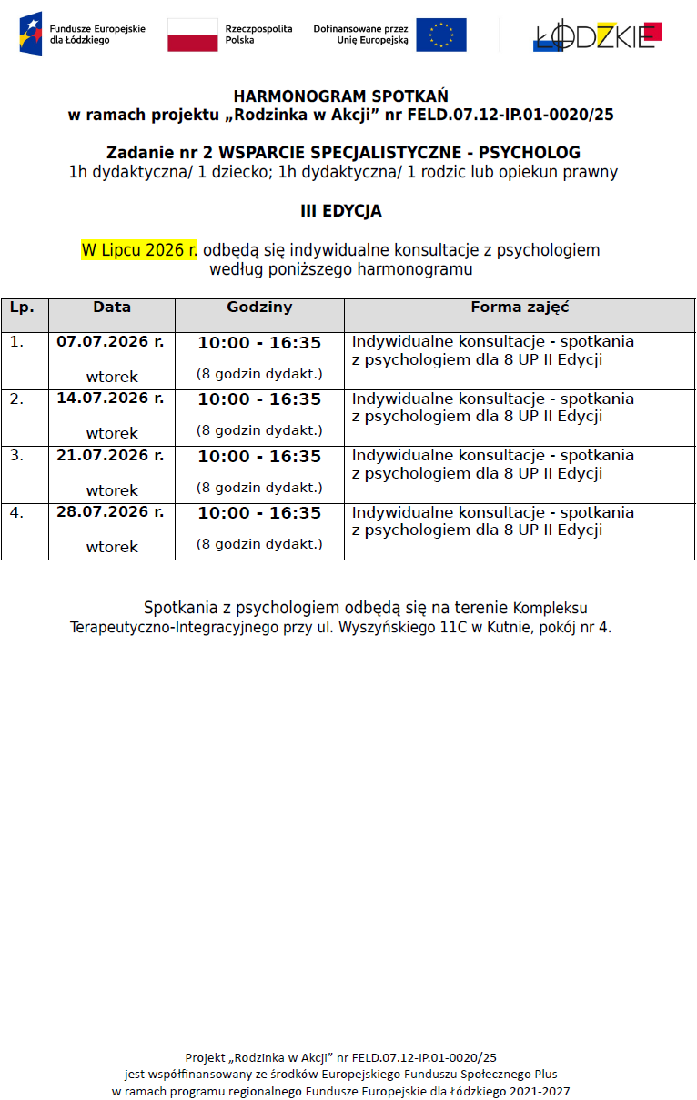 Aktualizacja harmonogramu psycholog