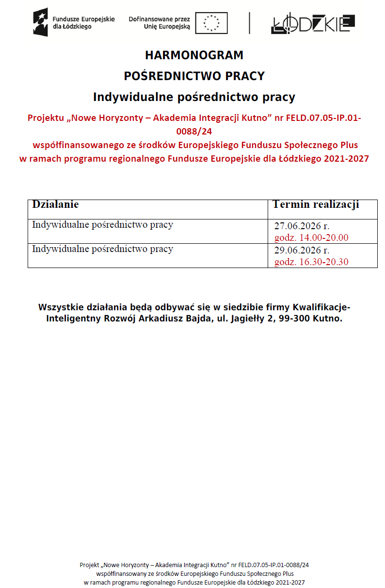 Harmonogram Pośrednictwo pracy - aktualizacja