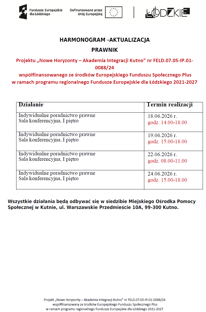 Nowe Horyzonty - Prawnik Harmonogram