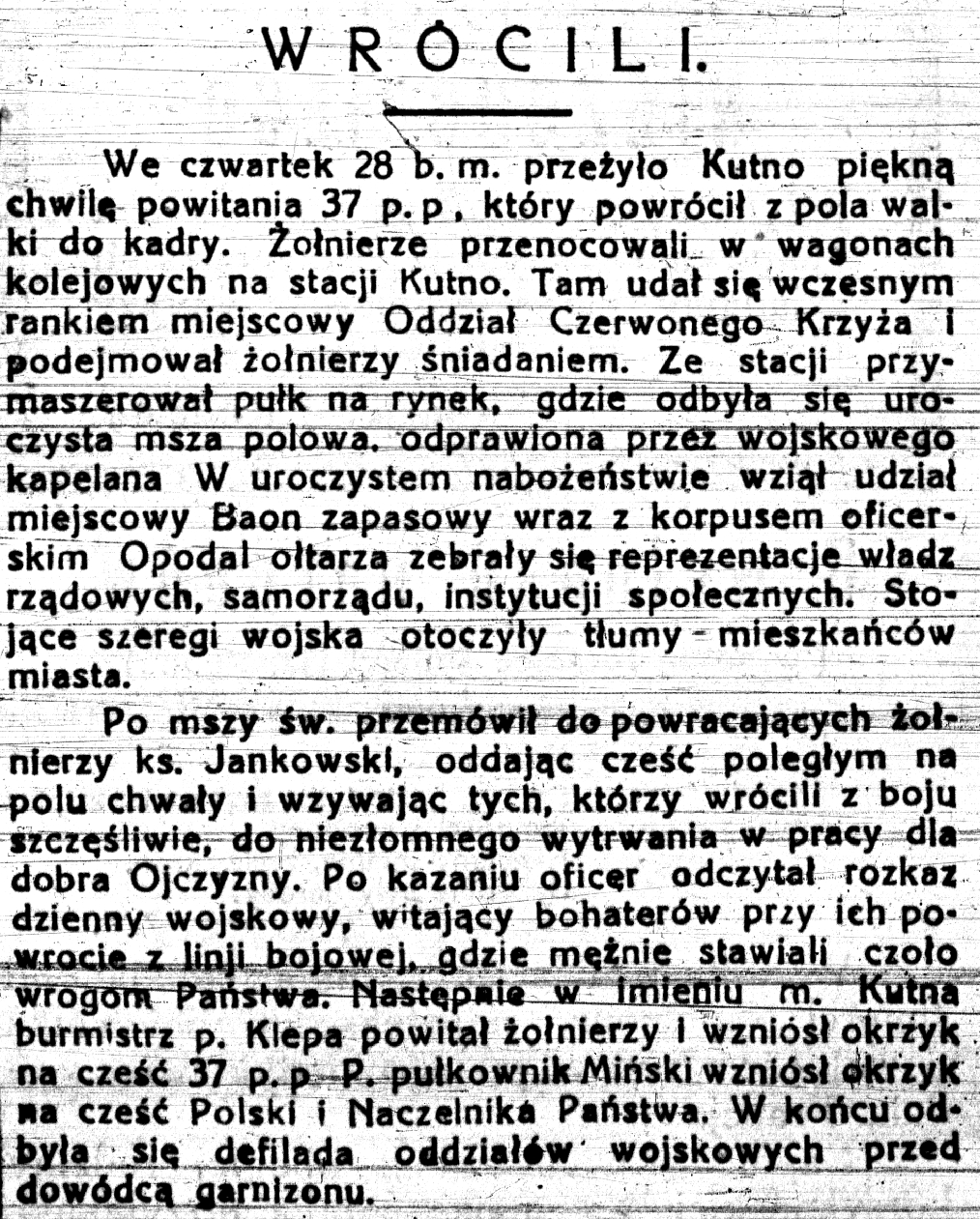 Informacja prasowa o powrocie 37 Łęczyckiego Pułku Piechoty